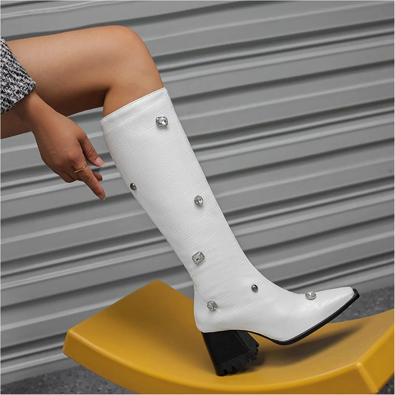 Lutalica W Women's Fashion Matte Square Toe Side Zipper Animal Print Rhinestone Chunky Heel Dress Knee High Boots
