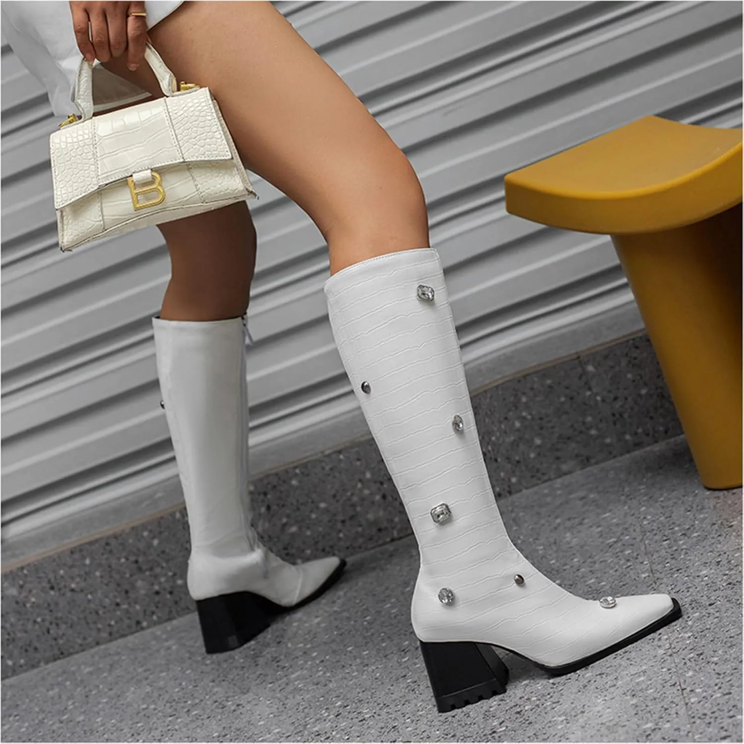 Lutalica W Women's Fashion Matte Square Toe Side Zipper Animal Print Rhinestone Chunky Heel Dress Knee High Boots