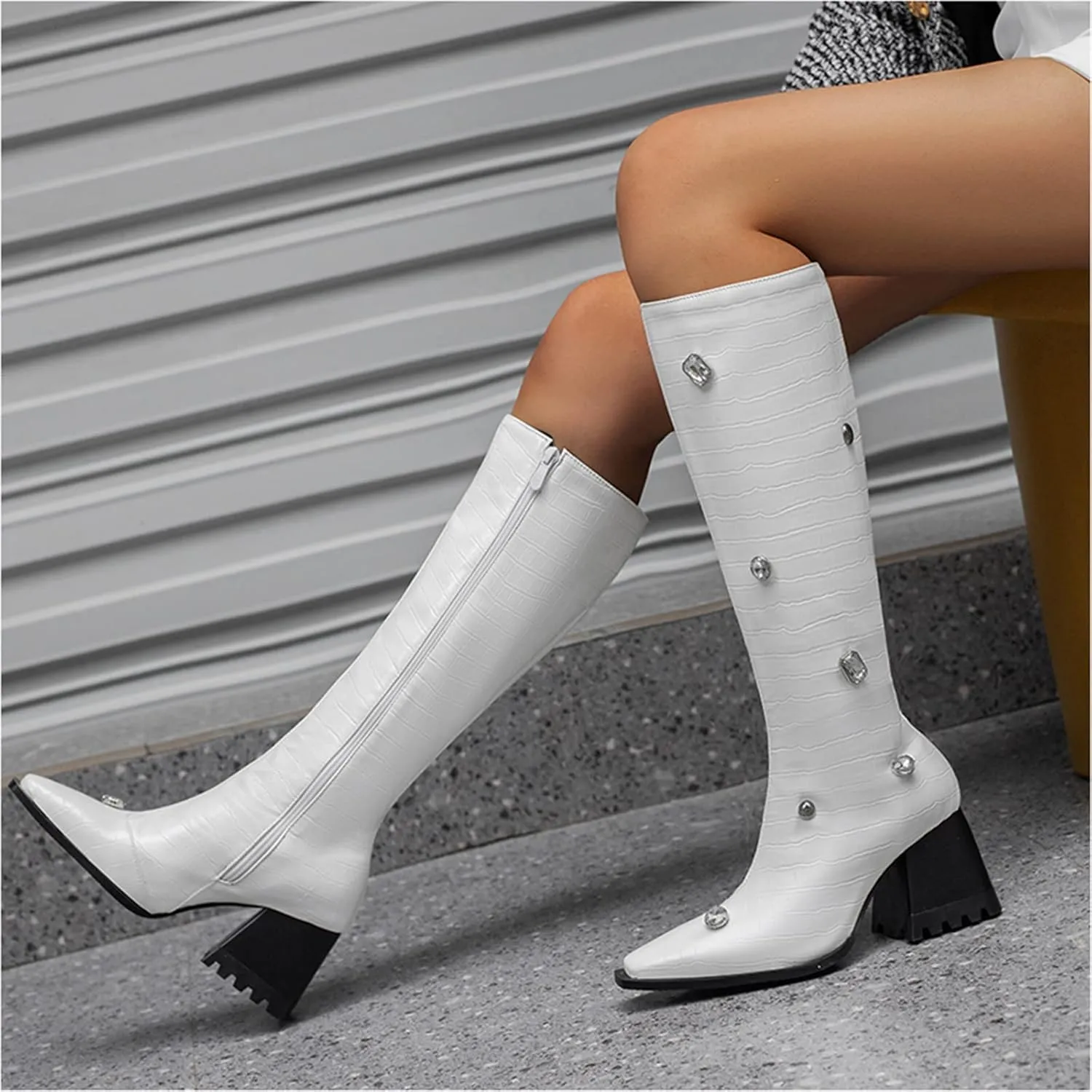 Lutalica W Women's Fashion Matte Square Toe Side Zipper Animal Print Rhinestone Chunky Heel Dress Knee High Boots