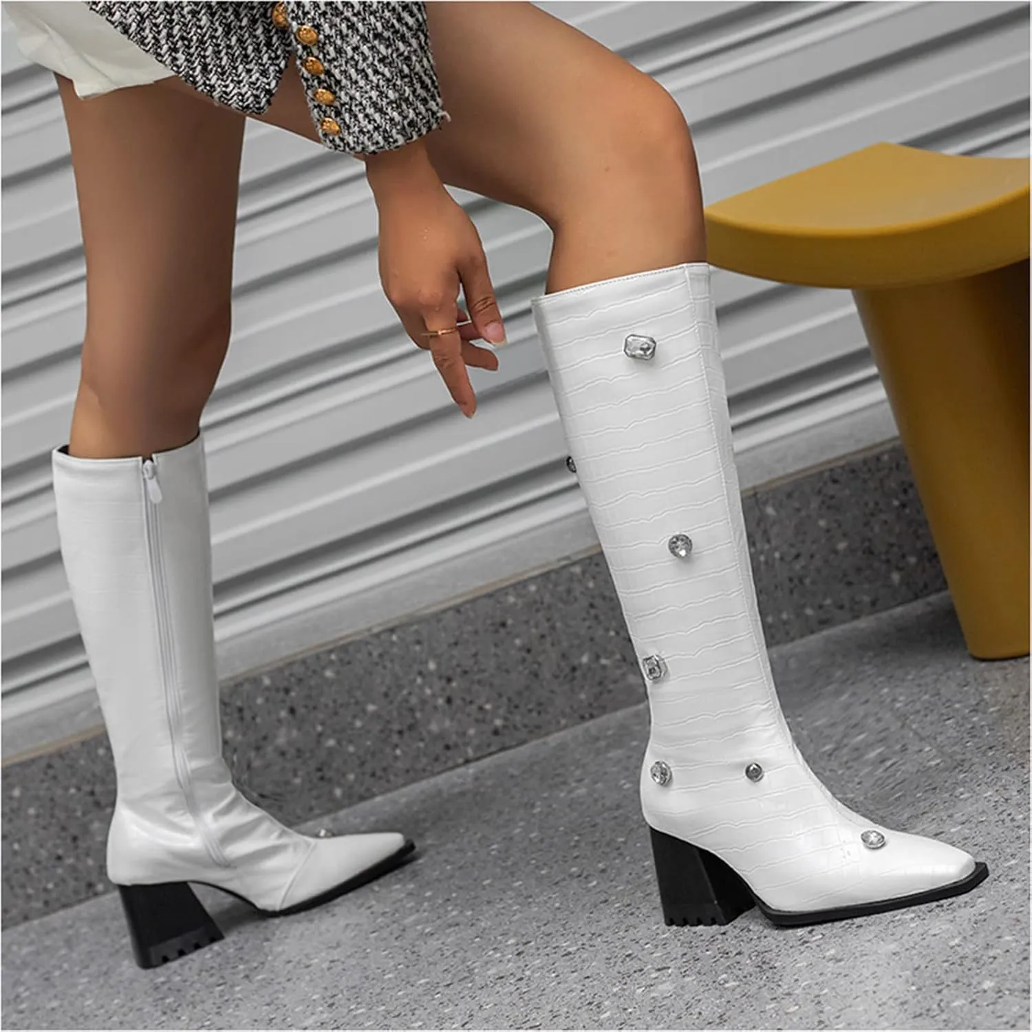 Lutalica W Women's Fashion Matte Square Toe Side Zipper Animal Print Rhinestone Chunky Heel Dress Knee High Boots