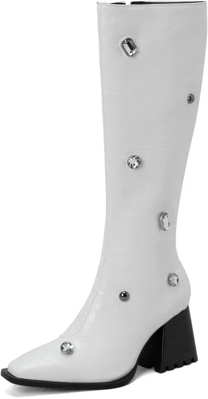 Lutalica W Women's Fashion Matte Square Toe Side Zipper Animal Print Rhinestone Chunky Heel Dress Knee High Boots