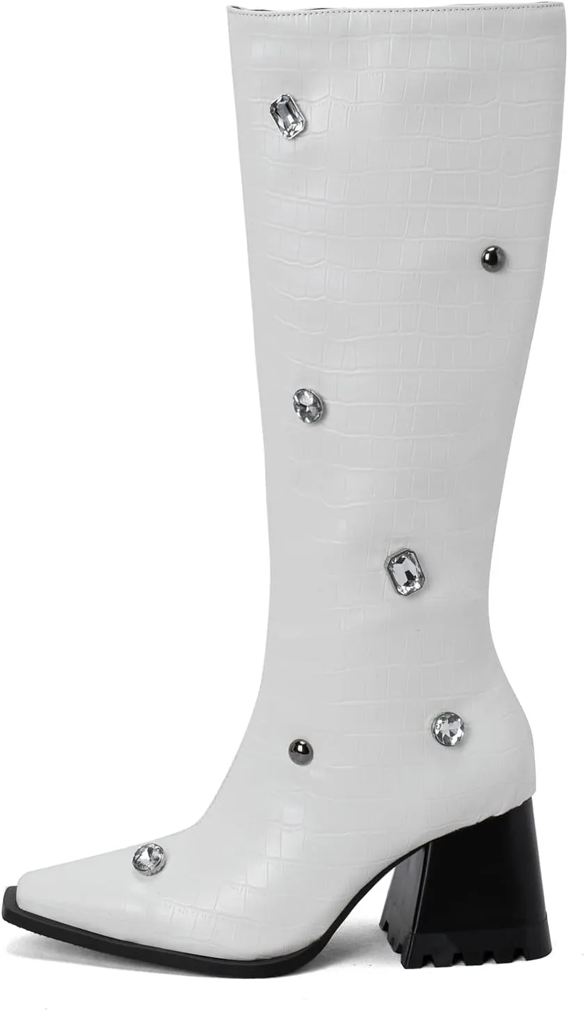Lutalica W Women's Fashion Matte Square Toe Side Zipper Animal Print Rhinestone Chunky Heel Dress Knee High Boots
