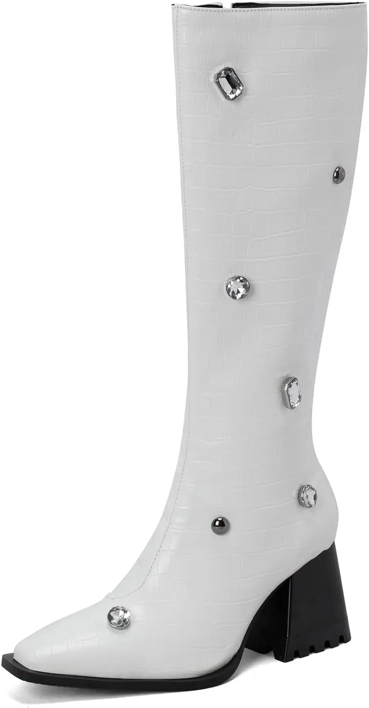 Lutalica W Women's Fashion Matte Square Toe Side Zipper Animal Print Rhinestone Chunky Heel Dress Knee High Boots