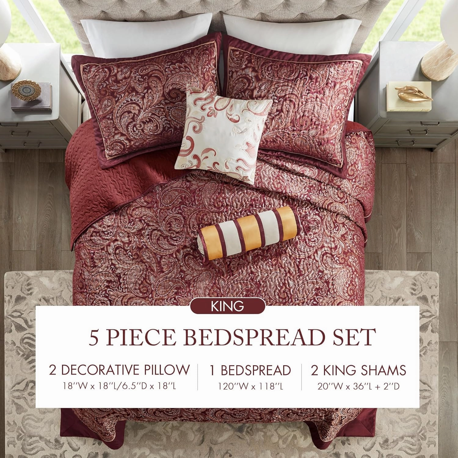 Madison Park Aubrey Reversible Quilted Bedspread Set, Solid Reverse Summer Breathable, Lightweight All Season Bedding Layer, Matching Shams, Bedspread King(120"x118"), Burgundy 5 Piece