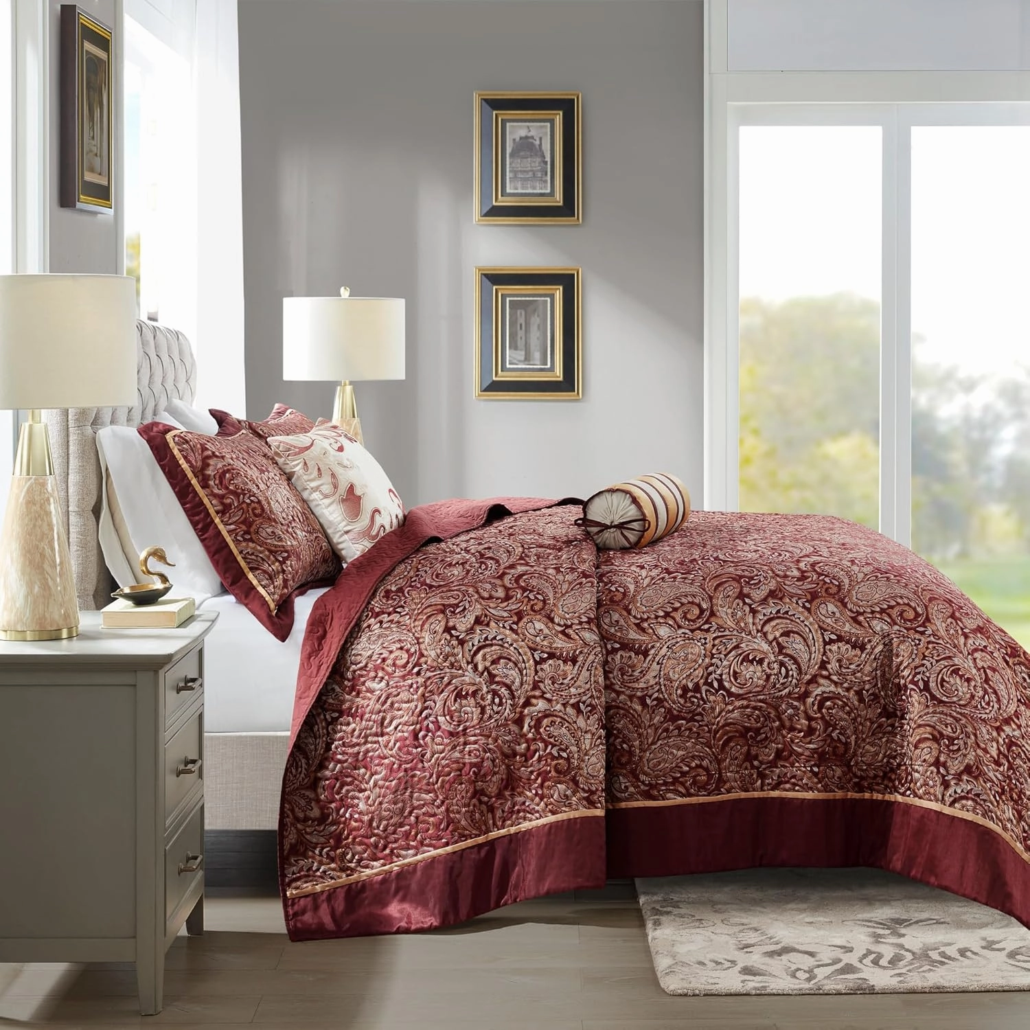 Madison Park Aubrey Reversible Quilted Bedspread Set, Solid Reverse Summer Breathable, Lightweight All Season Bedding Layer, Matching Shams, Bedspread King(120"x118"), Burgundy 5 Piece