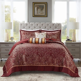Madison Park Aubrey Reversible Quilted Bedspread Set, Solid Reverse Summer Breathable, Lightweight All Season Bedding Layer, Matching Shams, Bedspread King(120"x118"), Burgundy 5 Piece