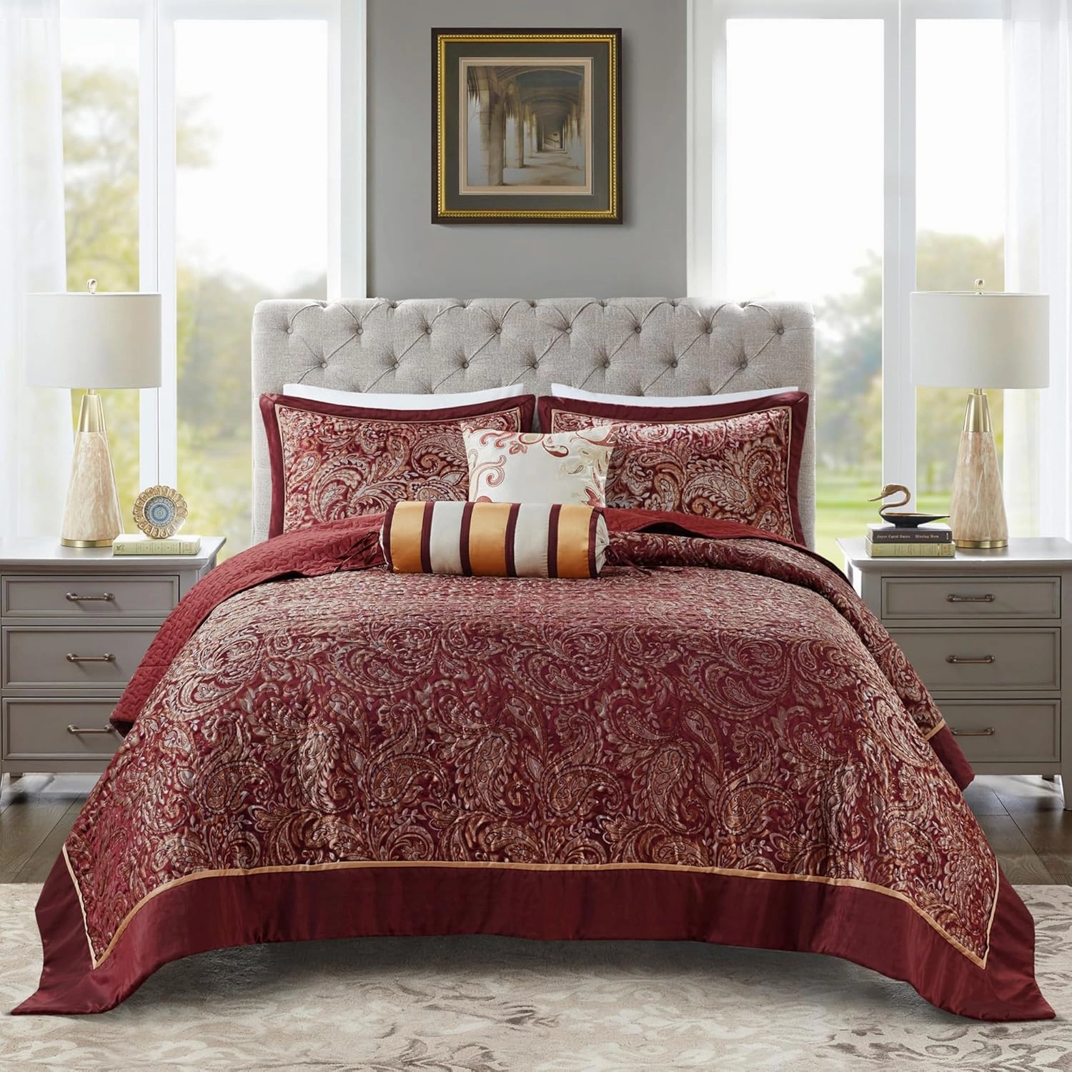 Madison Park Aubrey Reversible Quilted Bedspread Set, Solid Reverse Summer Breathable, Lightweight All Season Bedding Layer, Matching Shams, Bedspread King(120"x118"), Burgundy 5 Piece