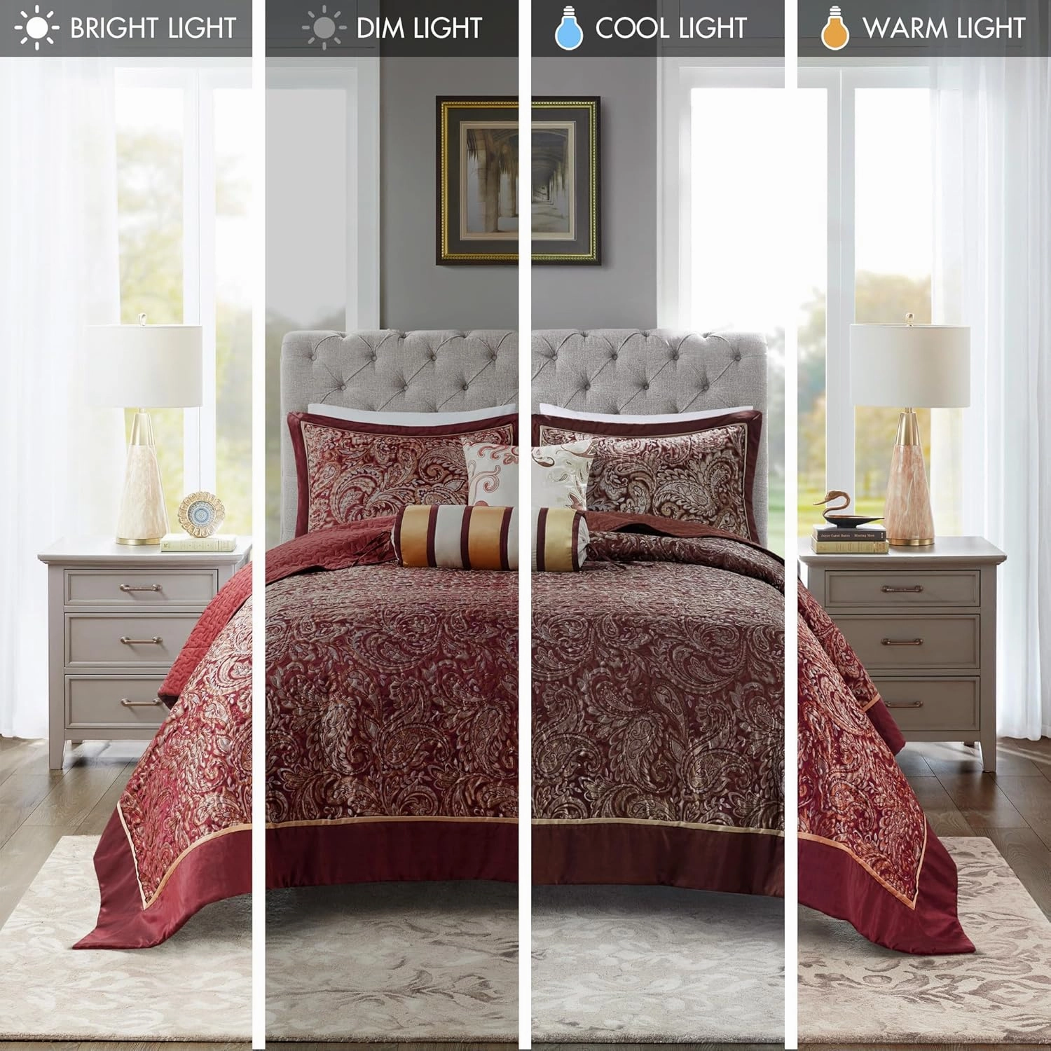 Madison Park Aubrey Reversible Quilted Bedspread Set, Solid Reverse Summer Breathable, Lightweight All Season Bedding Layer, Matching Shams, Bedspread King(120"x118"), Burgundy 5 Piece