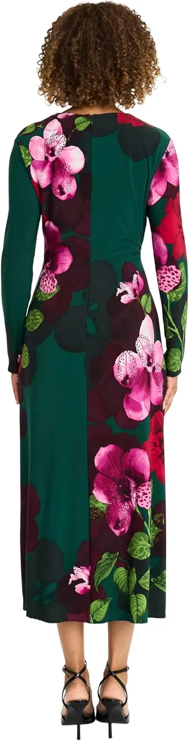 Maggy London Women's Elegant Floral Midi Bodycon Long Sleeve Cinched Waist-Wedding Guest Cocktail Garden Dress