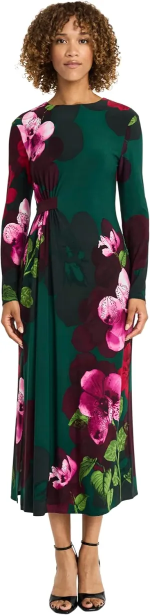 Maggy London Women's Elegant Floral Midi Bodycon Long Sleeve Cinched Waist-Wedding Guest Cocktail Garden Dress
