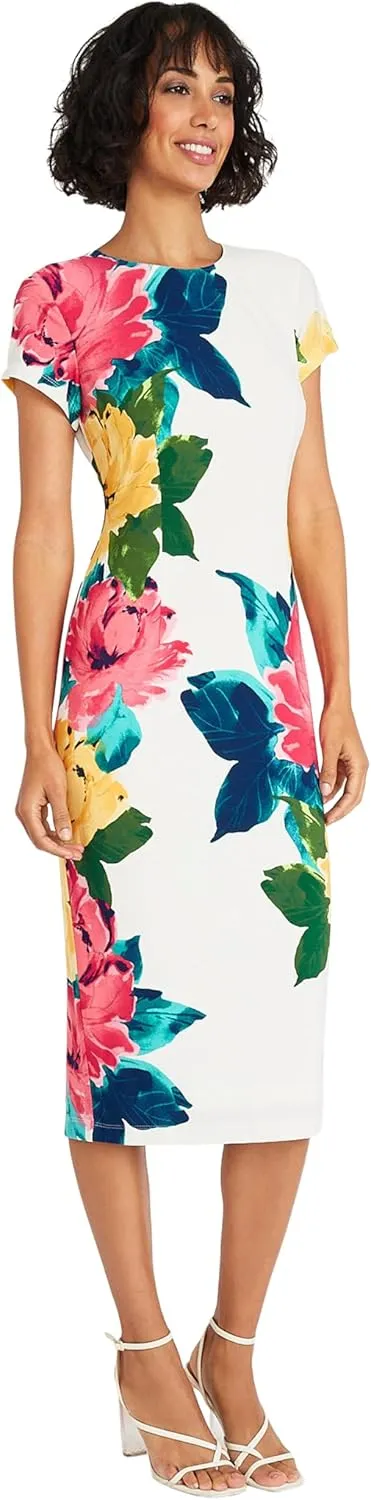 Maggy London Women's Placement Print Matte Jersey Midi Sheath Career Office Workwear Event Occasion Guest of