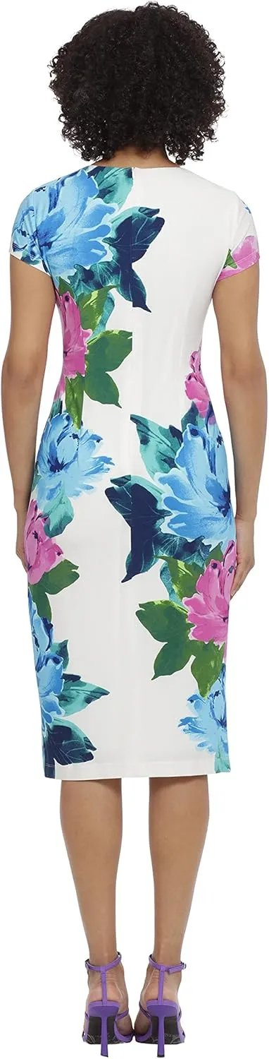 Maggy London Women's Placement Print Matte Jersey Midi Sheath Career Office Workwear Event Occasion Guest of