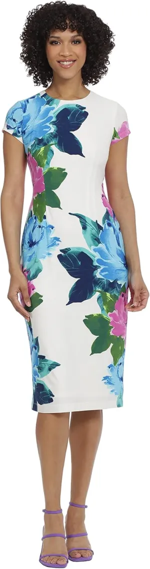 Maggy London Women's Placement Print Matte Jersey Midi Sheath Career Office Workwear Event Occasion Guest of