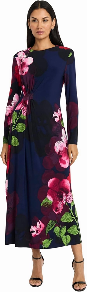Maggy London Women's Elegant Floral Midi Bodycon Long Sleeve Cinched Waist-Wedding Guest Cocktail Garden Dress