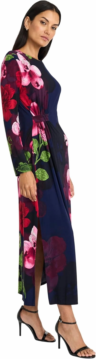 Maggy London Women's Elegant Floral Midi Bodycon Long Sleeve Cinched Waist-Wedding Guest Cocktail Garden Dress