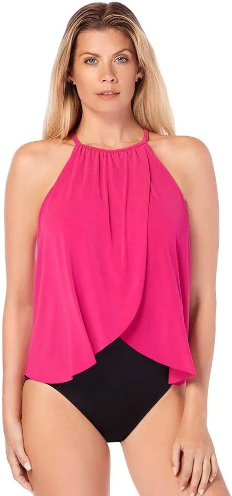 MagicSuit Women's Swimsuit Solid Aubrey High Neckline Soft Cup One Piece Swimsuit, Rose, 14