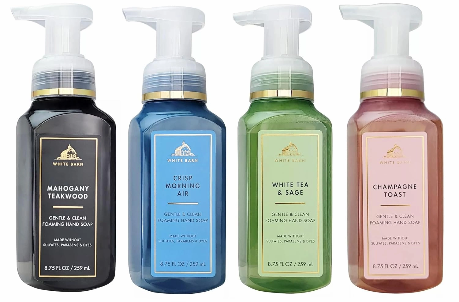 Mahogany Teakwood, White Tea Sage, Champagne Toast, and Crisp Morning Air - Classic Faves Gentle and Clean Foaming Hand Soaps by Bath   Body Works/White Barn - Pack of 4-8.75 fl oz each