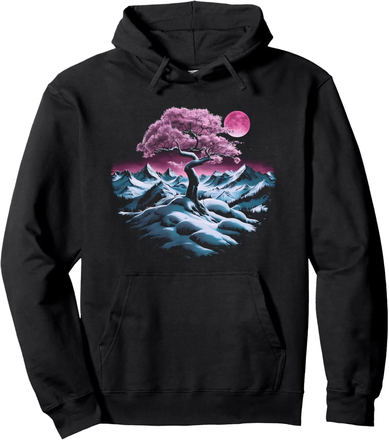 Majestic Snowy Mountain Range with Mystical Pink Tree Moon Pullover Hoodie
