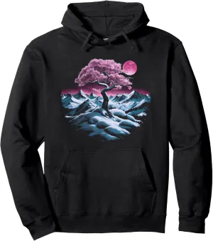 Majestic Snowy Mountain Range with Mystical Pink Tree Moon Pullover Hoodie
