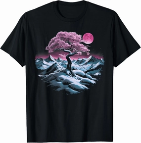 Majestic Snowy Mountain Range with Mystical Pink Tree Moon T-Shirt