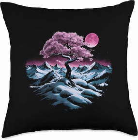 Majestic Snowy Mountain Range with Mystical Pink Tree Moon Throw Pillow