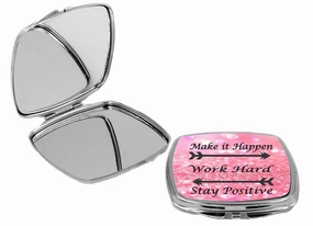 Make it Happen - Work Hard Stay Positive Pink - Square Compact Mirror Personal Mirror