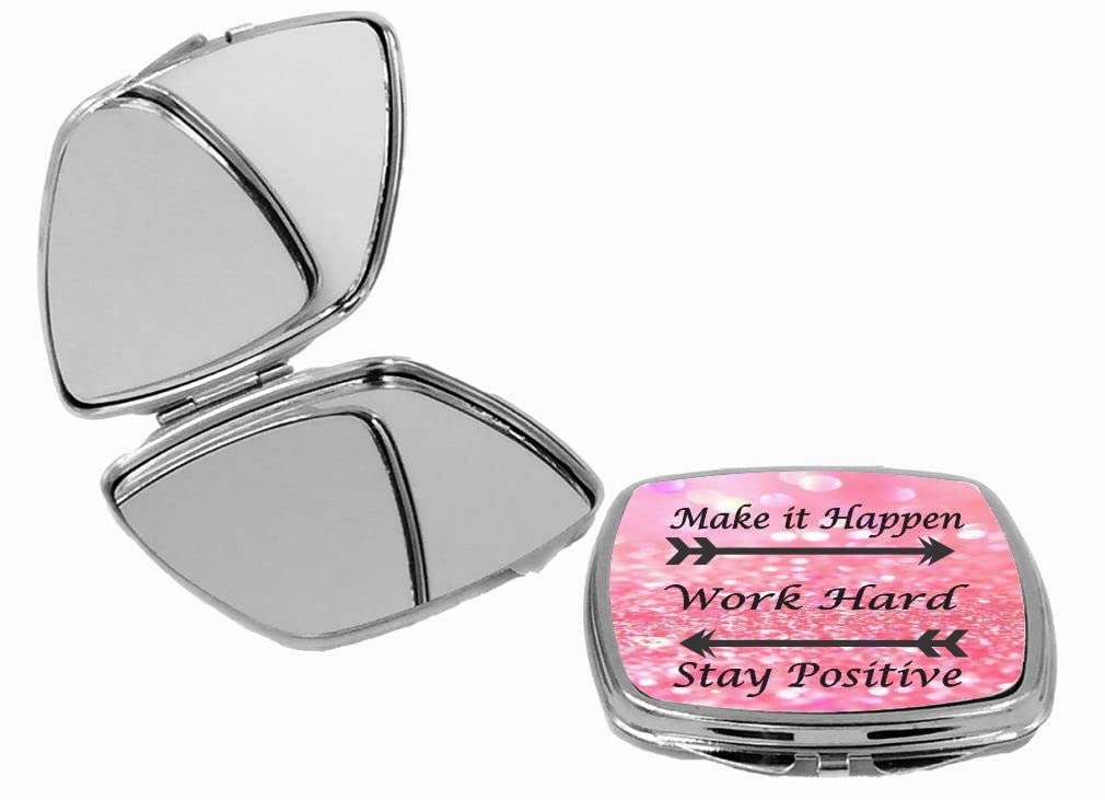 Make it Happen - Work Hard Stay Positive Pink - Square Compact Mirror Personal Mirror