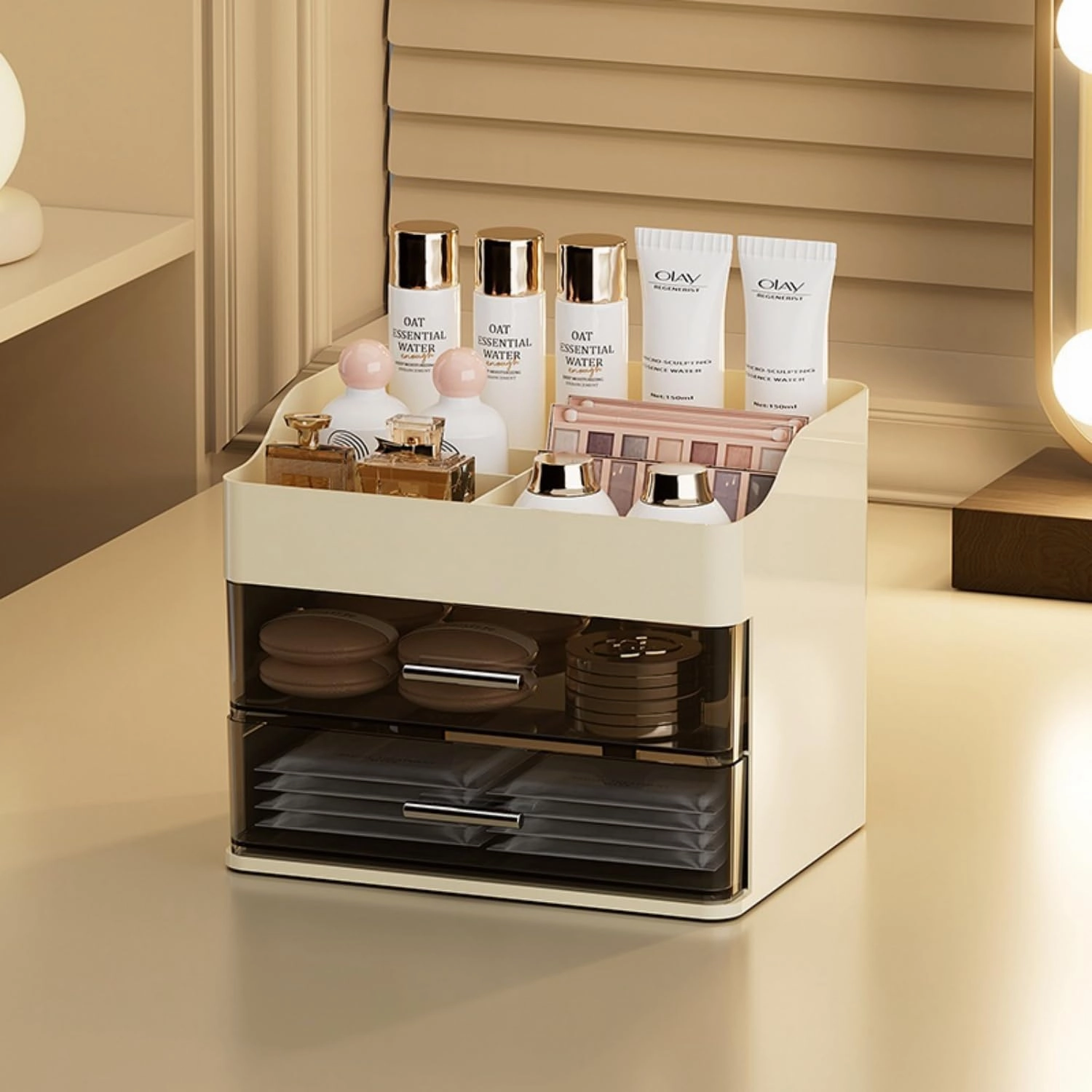Makeup Organizer for Vanity,Vanity Organizer with 2 Drawers,Makeup&skincare Organizers Countertop,Cosmetic Display Case,Vanity Storage Box(Cream)
