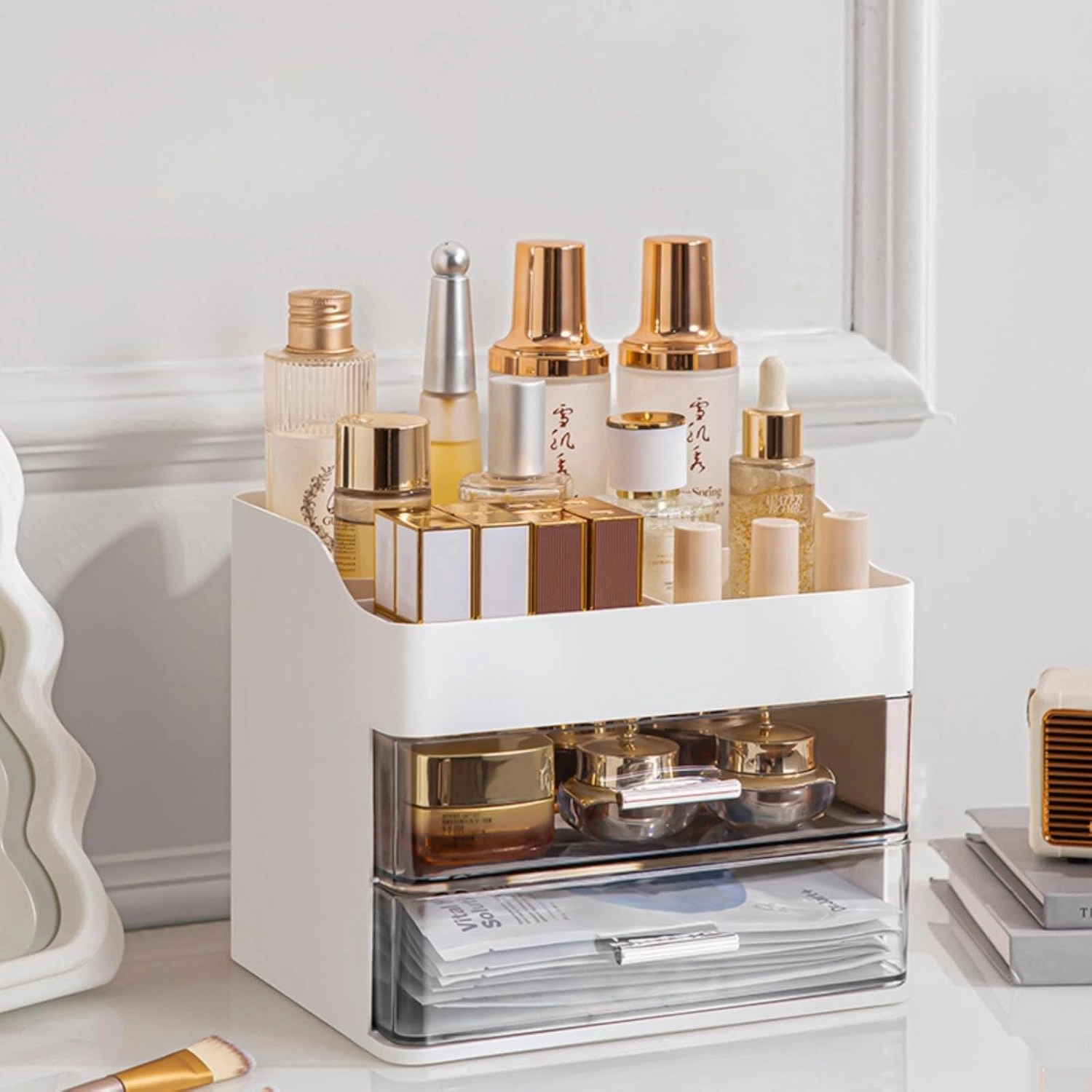 Makeup Organizer for Vanity,Vanity Organizer with 2 Drawers,Makeup&Skincare Organizers Countertop,Cosmetic Display Case,Vanity Storage Box(White)