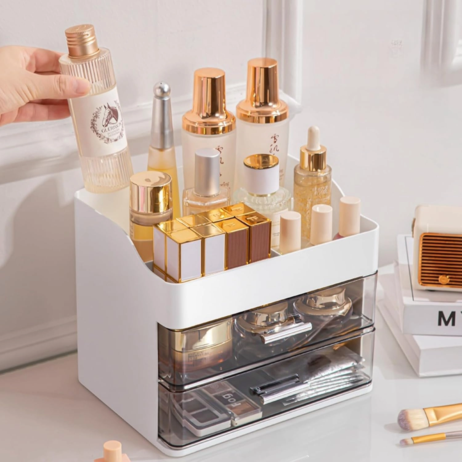 Makeup Organizer for Vanity,Vanity Organizer with 2 Drawers,Makeup&Skincare Organizers Countertop,Cosmetic Display Case,Vanity Storage Box(White)