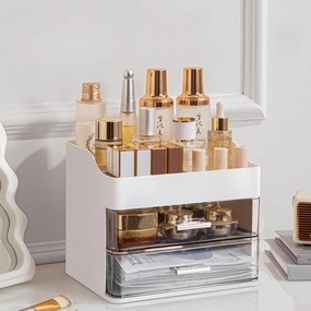 Makeup Organizer for Vanity,Vanity Organizer with 2 Drawers,Makeup&Skincare Organizers Countertop,Cosmetic Display Case,Vanity Storage Box(White)