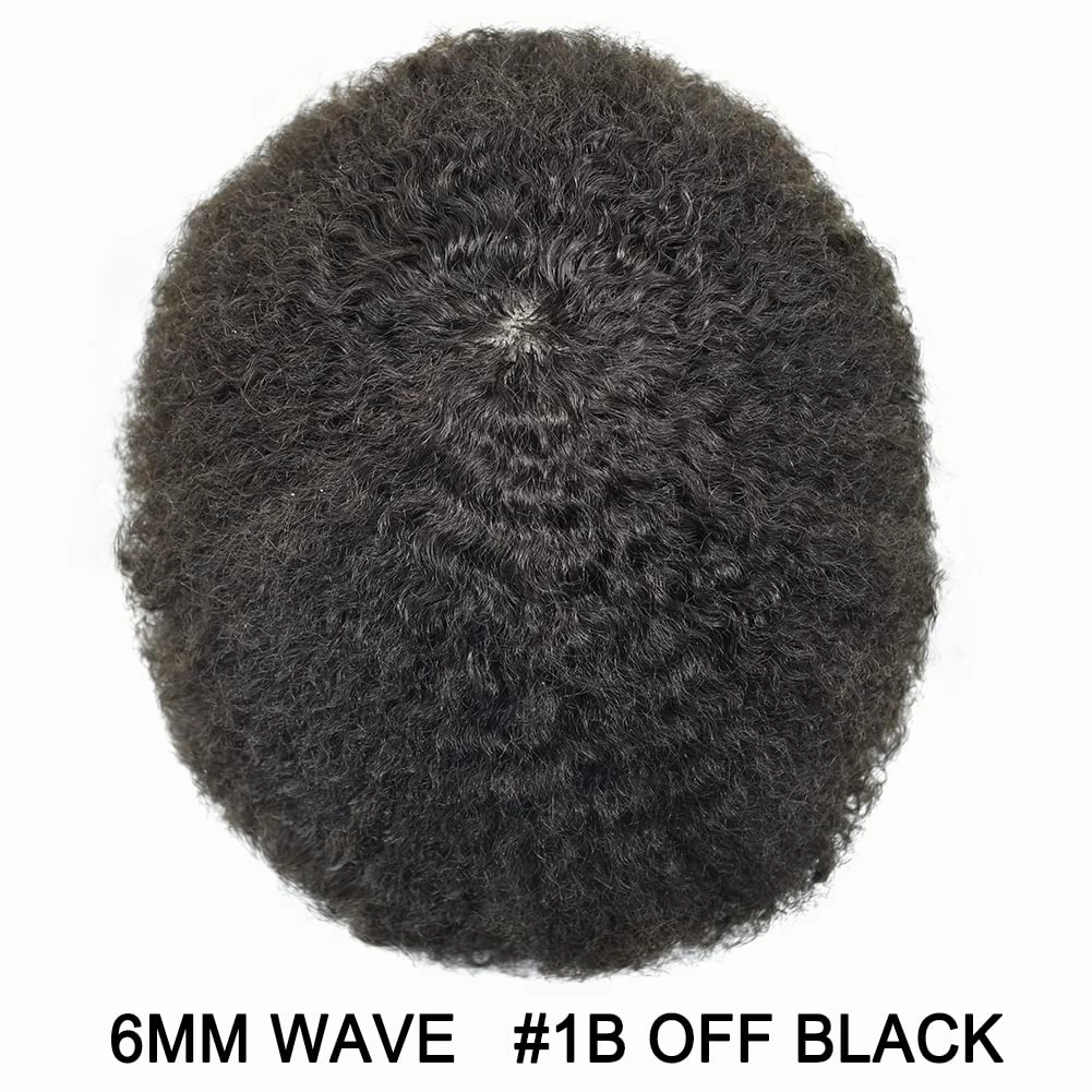 Man Weave Hair Black Men Curly Brazilian Hair Afro Toupee American African Mens Wig Full Poly Wave Hair Piece (#1B Off Black, 6MM Weave)