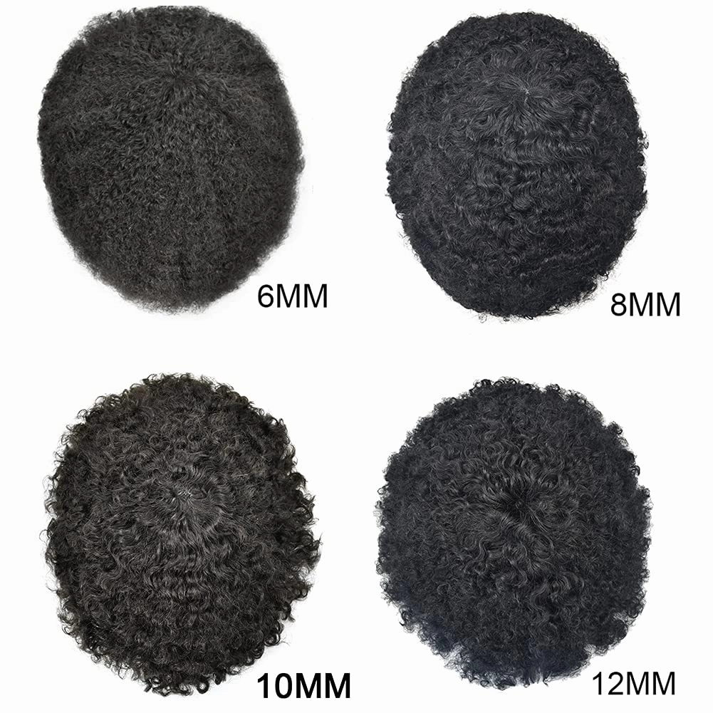 Man Weave Hair Black Men Curly Brazilian Hair Afro Toupee American African Mens Wig Full Poly Wave Hair Piece (#1B Off Black, 6MM Weave)