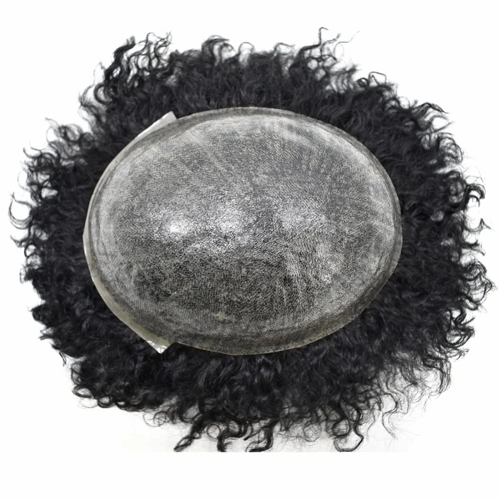 Man Weave Hair Black Men Curly Brazilian Hair Afro Toupee American African Mens Wig Full Poly Wave Hair Piece (#1B Off Black, 6MM Weave)