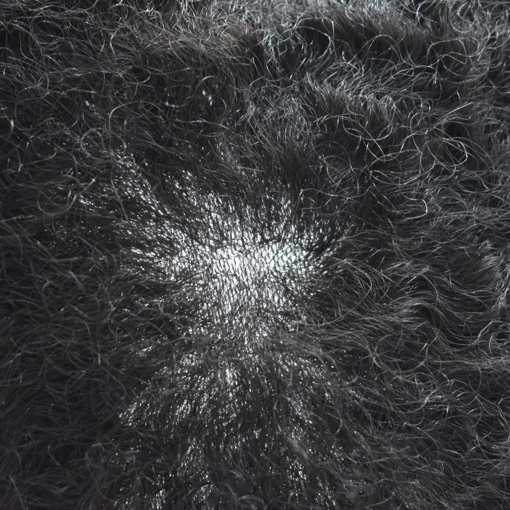 Man Weave Hair Black Men Curly Brazilian Hair Afro Toupee American African Mens Wig Full Poly Wave Hair Piece (#1B Off Black, 6MM Weave)