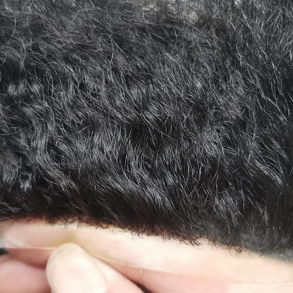 Man Weave Hair Black Men Curly Brazilian Hair Afro Toupee American African Mens Wig Full Poly Wave Hair Piece (#1B Off Black, 6MM Weave)