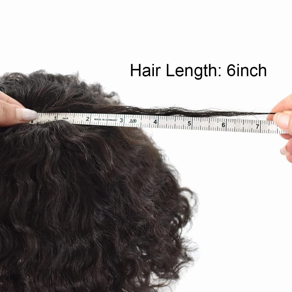 Man Weave Hair Black Men Curly Brazilian Hair Afro Toupee American African Mens Wig Full Poly Wave Hair Piece (#1B Off Black, 6MM Weave)