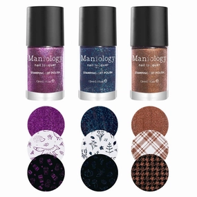 Maniology Rustic Fall Stamping Polish Set, Autumn Colors Nail Lacquer, Dark Purple, Blue, and Brown Shimmery Holographic Finish (Raisin (B452), Brick (B453), Peacock (B454))