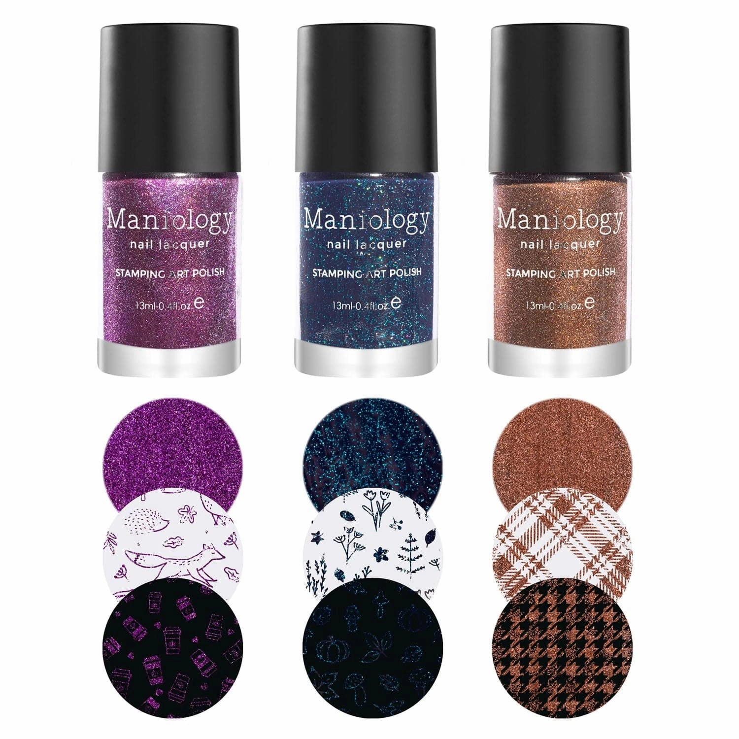 Maniology Rustic Fall Stamping Polish Set, Autumn Colors Nail Lacquer, Dark Purple, Blue, and Brown Shimmery Holographic Finish (Raisin (B452), Brick (B453), Peacock (B454))