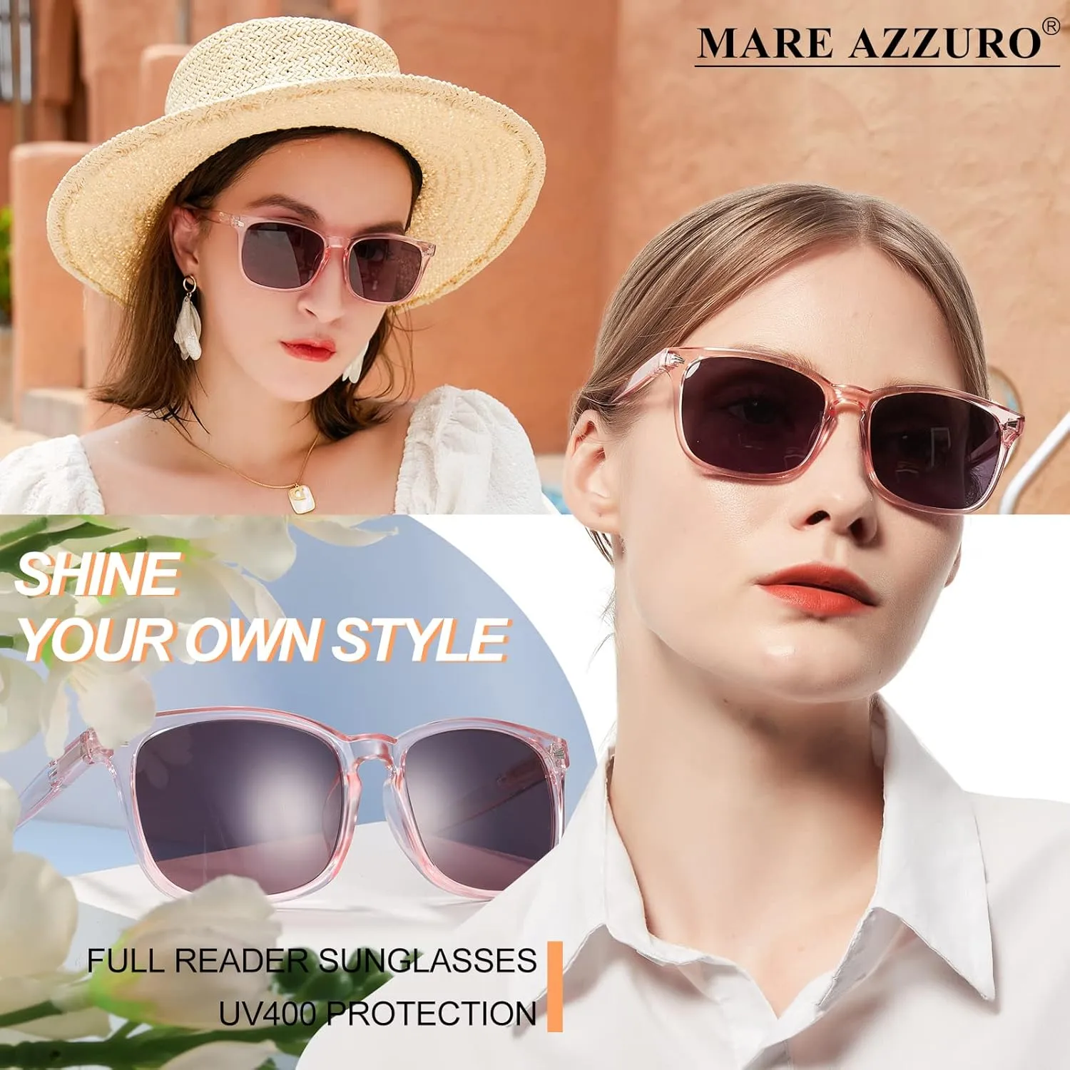 MARE AZZURO Outdoor Reading Sunglasses Women 0.50 0.75 1.00 1.25 1.50 1.75 2.00 2.25 2.50 2.75 3.00 3.25 3.50 3.75 4.00 (Pink, 0.5)