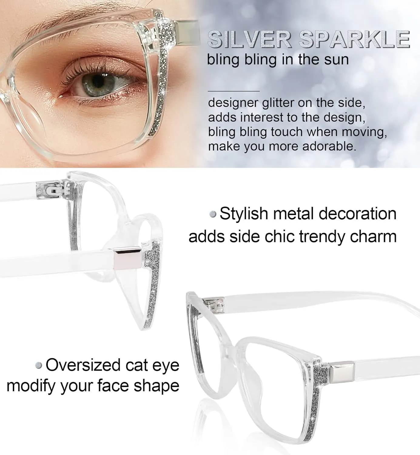 MARE AZZURO Oversized Reading Glasses Women Designer Glitter Readers 1.0 1.25 1.5 1.75 2.0 2.25 2.5 2.75 3.0 3.5 4.0 5.0 6.0