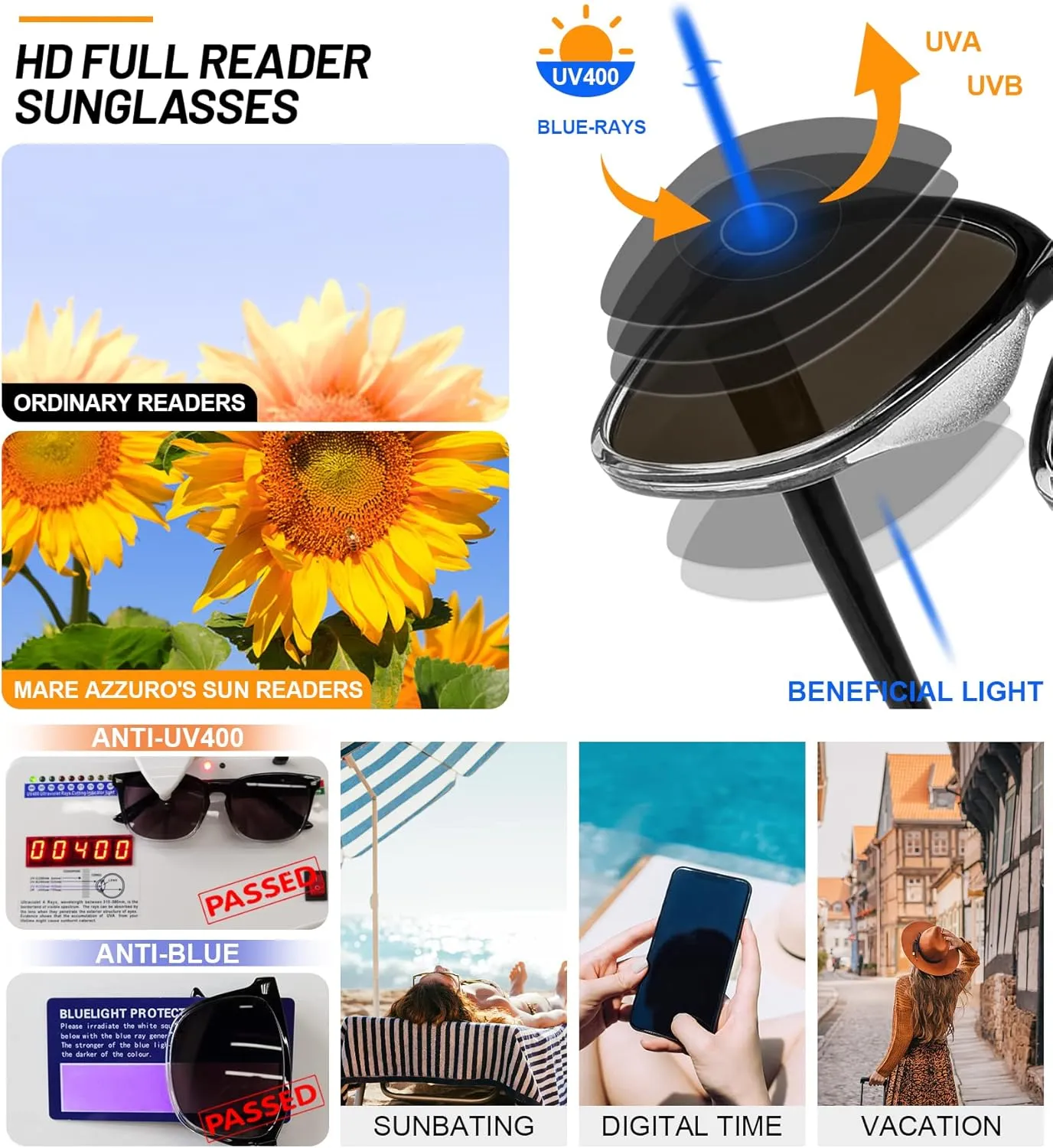 MARE AZZURO Reader Sunglasses 1.0 Women Outdoor Sun Reading Glasses 1.00 1.25 1.50 1.75 2.00 2.25 2.50 2.75 3.00 3.50 4.00 (Black clear, 100