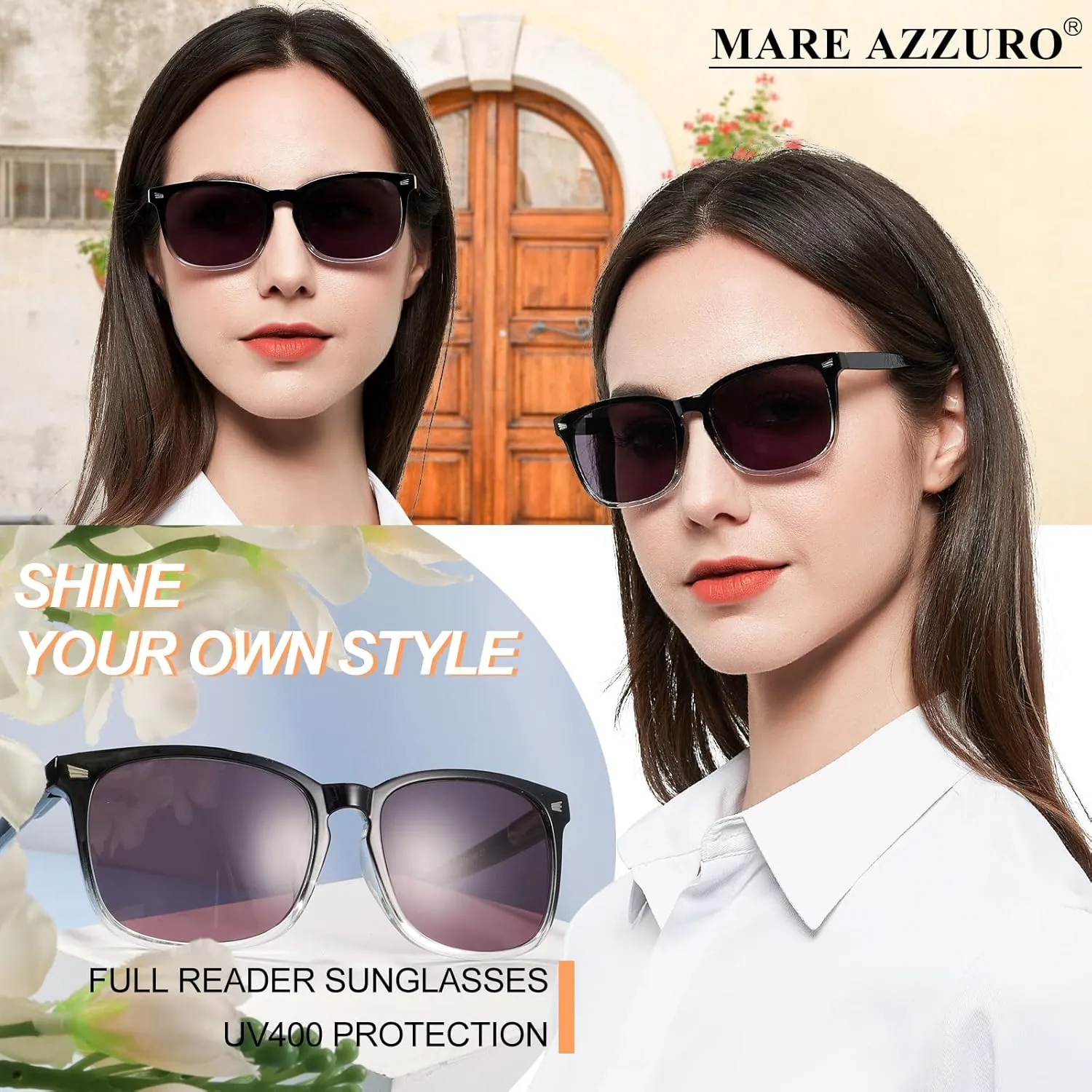 MARE AZZURO Reader Sunglasses 1.0 Women Outdoor Sun Reading Glasses 1.00 1.25 1.50 1.75 2.00 2.25 2.50 2.75 3.00 3.50 4.00 (Black clear, 100