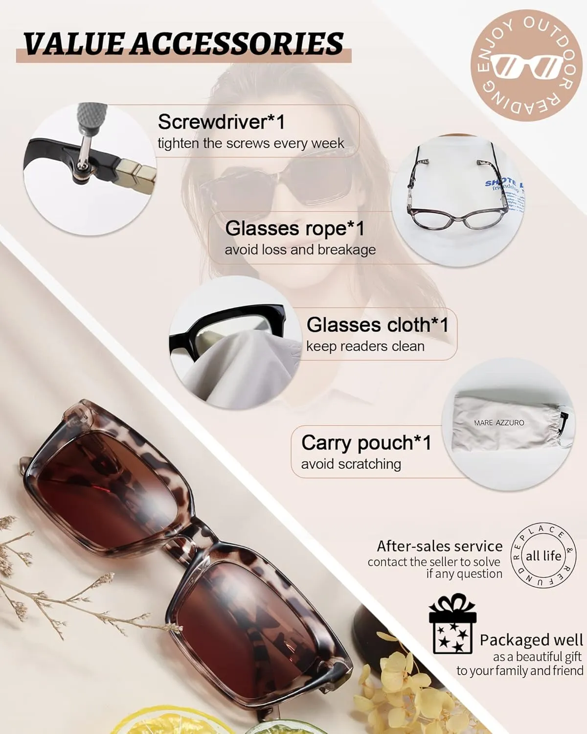 MARE AZZURO Reader Sunglasses Women UV Protection Outdoor Reading Glasses 1.0 1.25 1.5 1.75 2.0 2.25 2.5 2.75 3.0 3.5 4.0 (Brown/brown lens, 1.00)