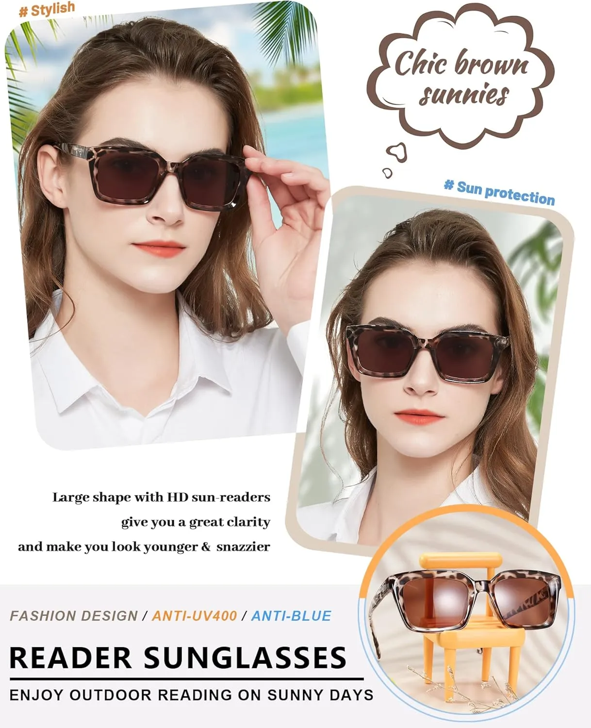 MARE AZZURO Reader Sunglasses Women UV Protection Outdoor Reading Glasses 1.0 1.25 1.5 1.75 2.0 2.25 2.5 2.75 3.0 3.5 4.0 (Brown/brown lens, 1.00)