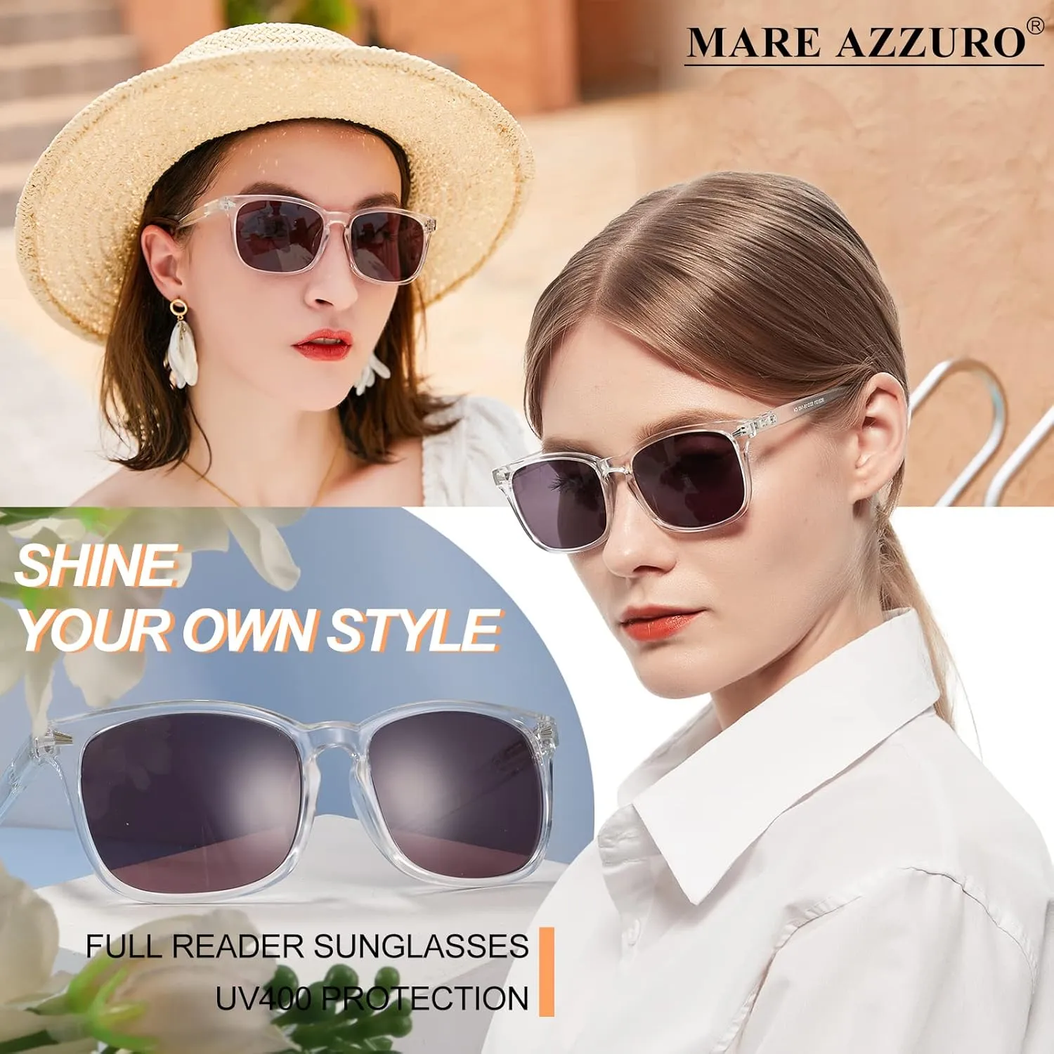 MARE AZZURO Sunglasses Readers Women Reading Glasses 50 75 100 125 150 175 200 225 250 275 300 325 350 375 400 (Transparent, 1.75)