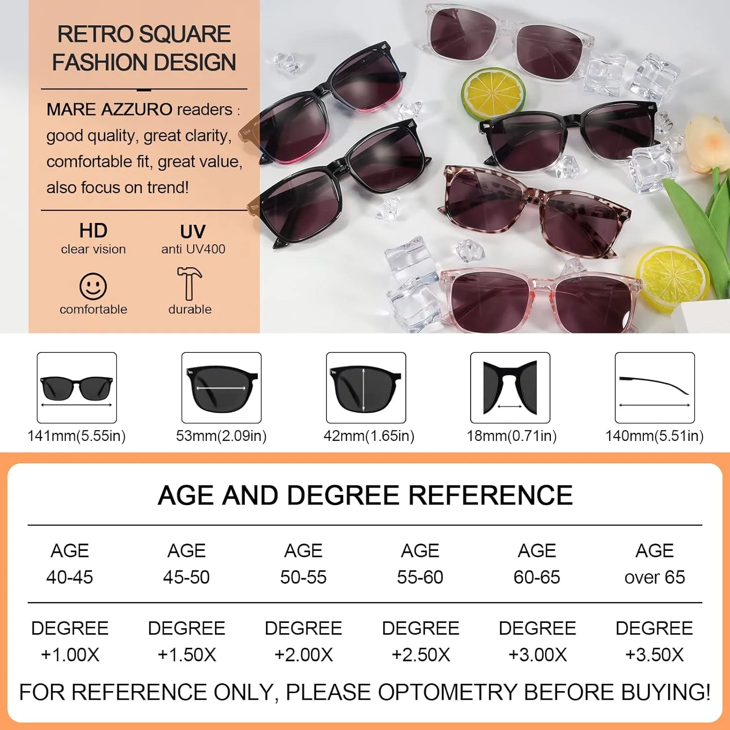 MARE AZZURO Sunglasses Readers Women Reading Glasses 50 75 100 125 150 175 200 225 250 275 300 325 350 375 400 (Transparent, 2.50)