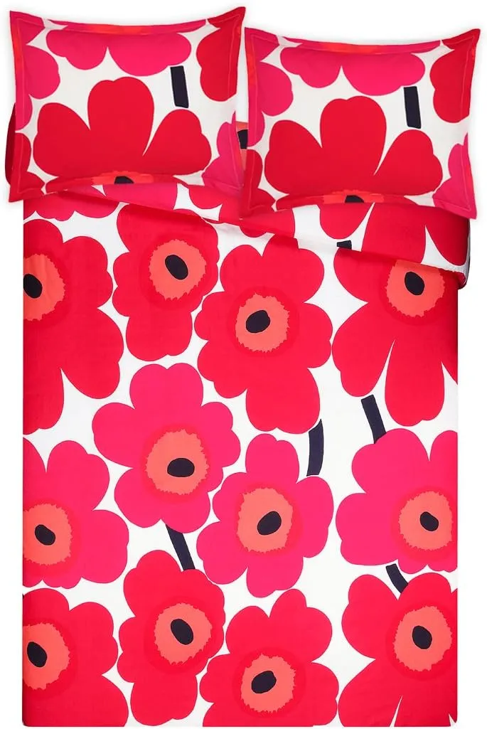 MARIMEKKO - Queen Comforter Set, Cotton Bedding with Matching Shams, Lightweight Home Decor for All Seasons (Unikko Red, Queen)