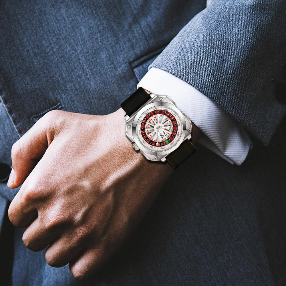 MASTOP Roulette Wheel Men‘s Watches Gambling Rotating Dial Poker Square Silicone Rubber Strap Unique Watch Creative Eye Catching Cool Mens Business Watches