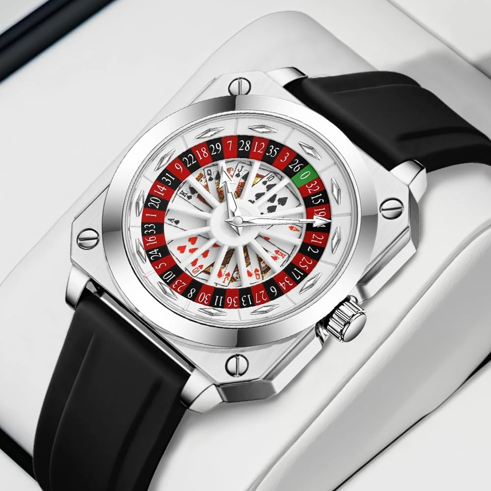 MASTOP Roulette Wheel Men‘s Watches Gambling Rotating Dial Poker Square Silicone Rubber Strap Unique Watch Creative Eye Catching Cool Mens Business Watches
